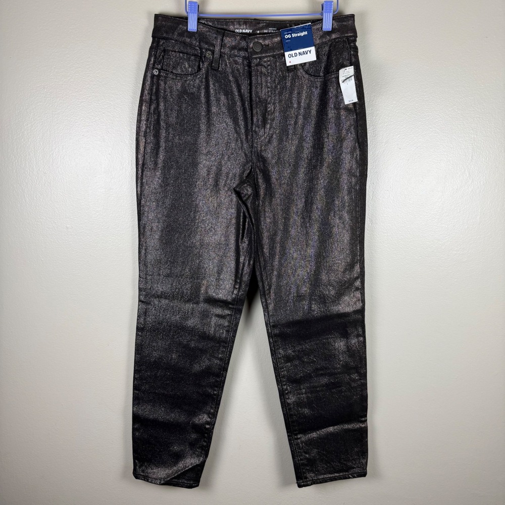 Old Navy Women's 4 OG Straight Ankle Jeans Metallic Bronze Black Foil High Rise